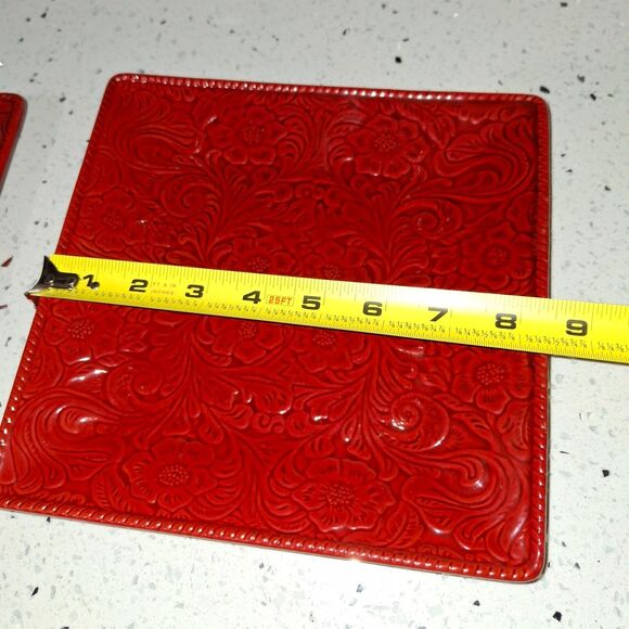 Rare HiEnd Accents Savanna Tooled Leather Look Salad Plates Stoneware  Set of 2 - Picture 9 of 9